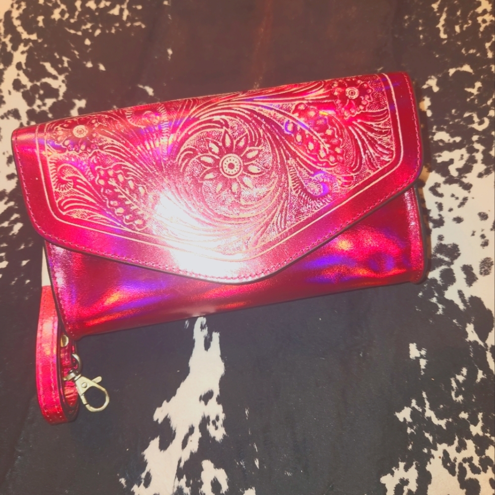Hot Pink Western Clutch Bag with Metallic Finish and Intricate Embossed Design